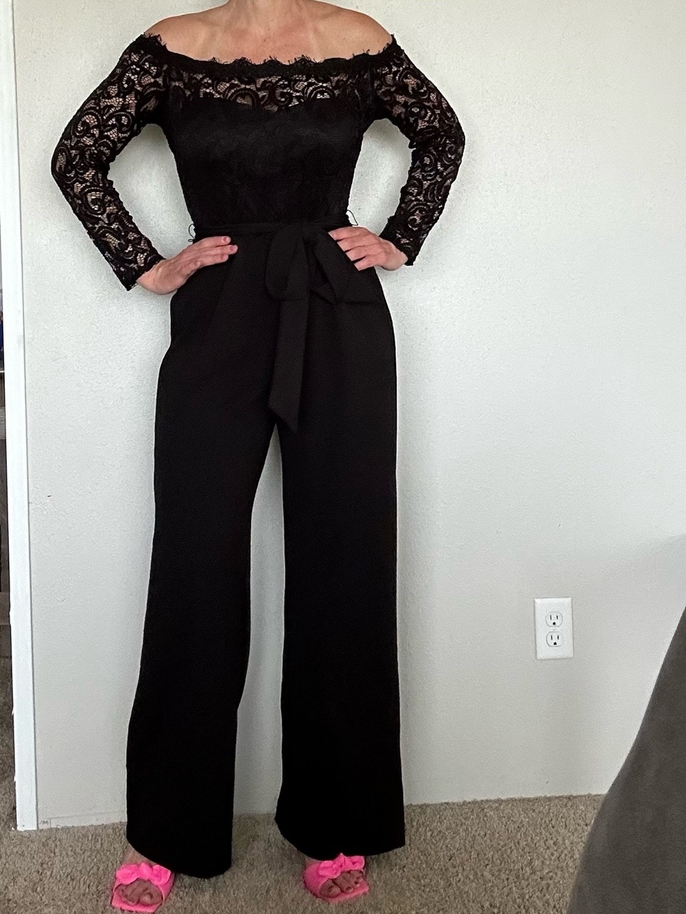 Off-Shoulder Black Lace Wide-Leg Jumpsuit with Waist Tie
